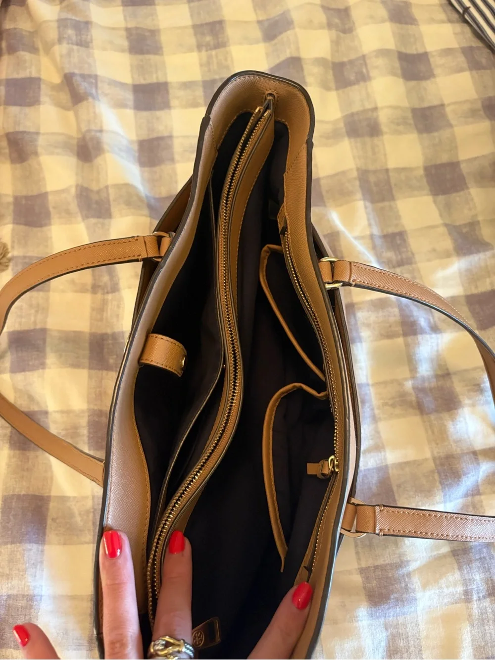 Tory Burch Saffiano Leather Tote in Taupe Brown with Gold Logo